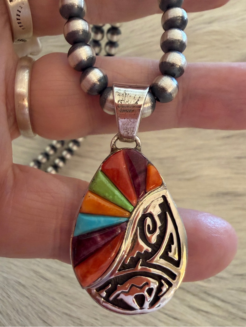 ❤️ Navajo Signed Calvin Begay Spirit Bear Sunrise MultiStone Inlay 925 Pendant - Picture 1 of 14